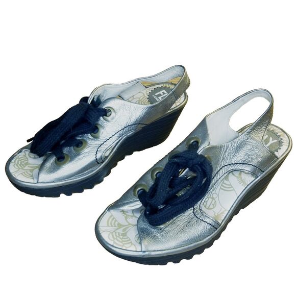 FLY London Shoes - Fly London Ylva Wedge Women's Size 38 Metallic Lace Up Open Toe Platform